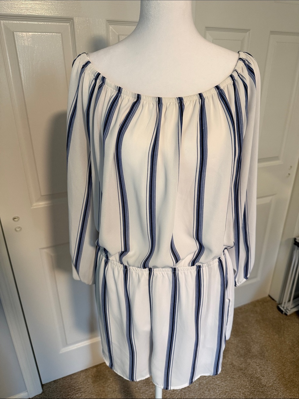 Striped Off-Shoulder Roper in White and Navy - Large